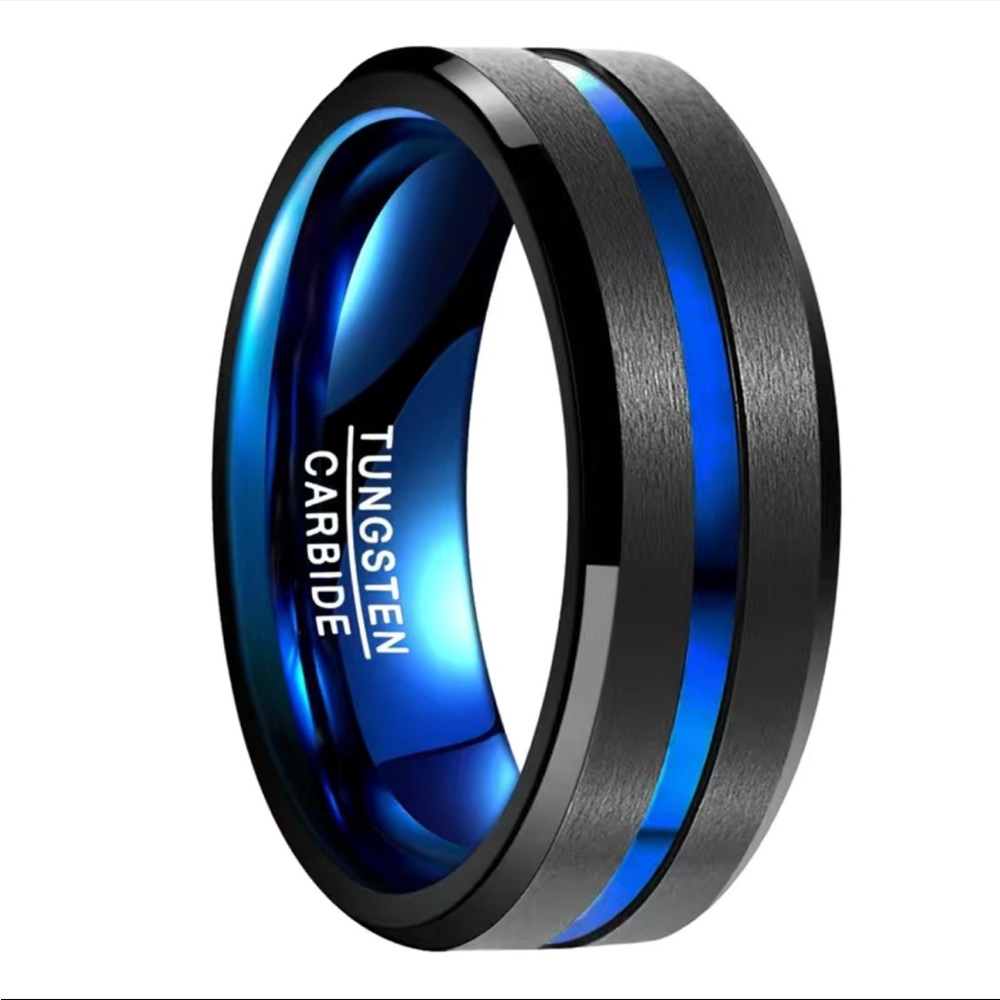 NEW ✨ REAL Tungsten Carbide black & blue Men’s Ring 8mm width DONT MISS out Sz10 - Picture 4 of 7